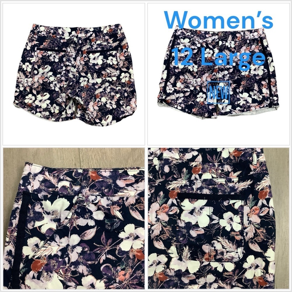 Women's Gloria Vanderbilt 12 L Large Floral Navy Purple Chino Khakis Shorts New